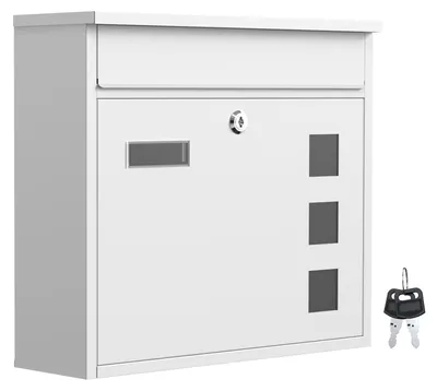 Produktbild von Wiltec Briefkasten V12 weiß 360 x 115 x 320 mm, Wandbriefkasten mit Schloss, Sichtfenstern und Namensschild, Postkasten aus Stahl galvanisiert