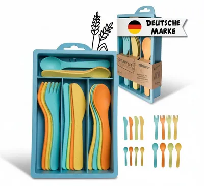 Produktbild von Besteck-Set für Kinderküche - 17-teiliges Spielküchenzubehör aus Weizenstroh mit Besteckkasten für kleine Küchenchefs ab 3 Jahren