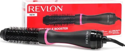 A Revlon hair dryer and volumiser is shown in front of its packaging.