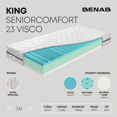 Obrázek produktu pro Matrace z viskózní pěny Benab King SeniorComfort 23 Visco Matrace 120 x 200 cm H3 / H4 tvrdost 23 cm výška Matrace z viskózní pěny, Algua Spirulina, BIO pěna, Visco, HR, 7 zón, Profilace, Partnerský matrac