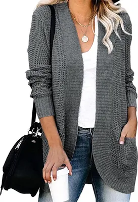 Image de ASKSA Femme décontractée Pull en maille manches longues Cardigan décontracté doux, Gris foncé XL