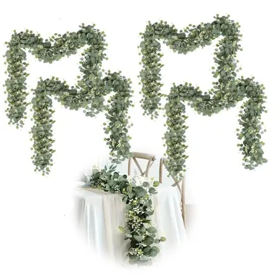 Image de Guirlande artificielle en eucalyptus, 1,8 mètre, de couleur verte avec des fleurs blanches, lot de 4