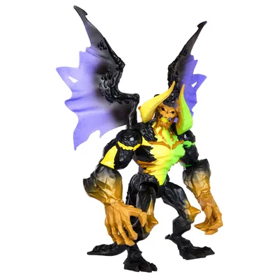 A toy action figure of a monster with wings and horns.