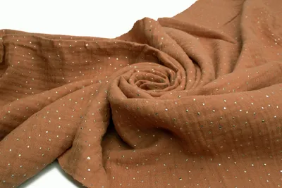 Image de Tissu en mousseline de coton à pois argentés, double gaze, caramel 50 x 130 cm