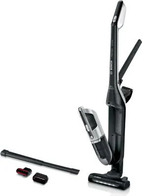 A black and silver Bosch cordless stick vacuum cleaner with accessories is shown against a white background.