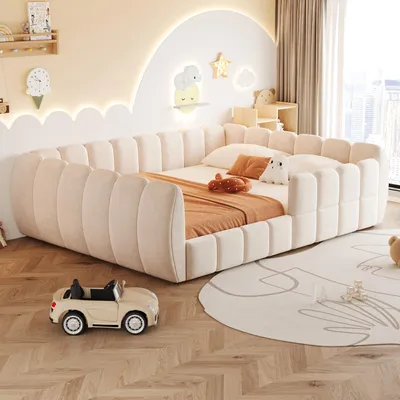Produktbild von okwish Kinderbett 140×200 mit Matratze und Sicherheitsgeländer, Bodenbett abgerundetes Design, Doppelbett Samtbezug,Beige