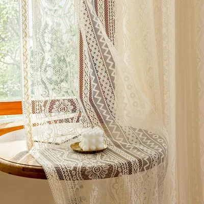 Immagine prodotto di Tende da finestra con motivi floreali - Tende ricamate - Stile rustico - Tenda beige - Trasparente - Tenda a pacchetto - Set di 2