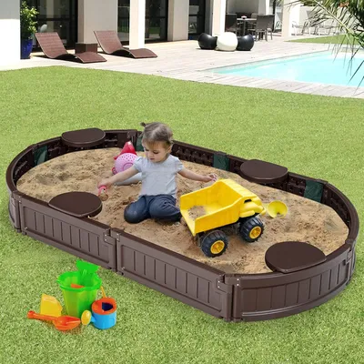 Produktbild von COSTWAY Sandbox Sandkasten mit wasserdichter Abdeckung und Bodenauskleidung, Outdoor Sandkiste Platz für 4 Kinder 183x105x21cm