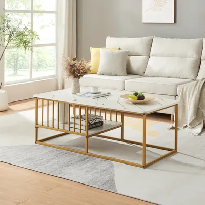 A living room scene with a couch and coffee table.