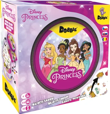The image shows the packaging of a Dobble Disney Princesses card game.
