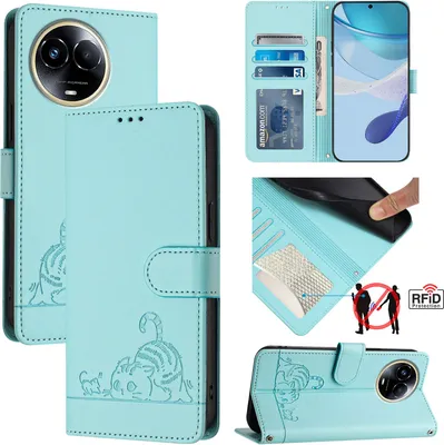 Produktbild von Leder Hülle für Realme 11 5G Süße Katze Flip Case Brieftasche Schutzhülle mit Standfunktion hellgrün