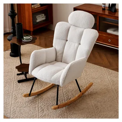 Produktbild von Schaukelstuhl aus weichem Teddystoff, getuftet, gepolsterter Sitz für Wohnzimmer und Schlafzimmer, weiß