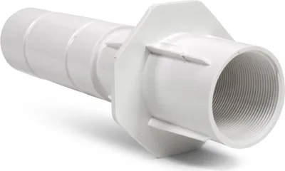 A white plastic pipe fitting with a threaded end and a barbed end.
