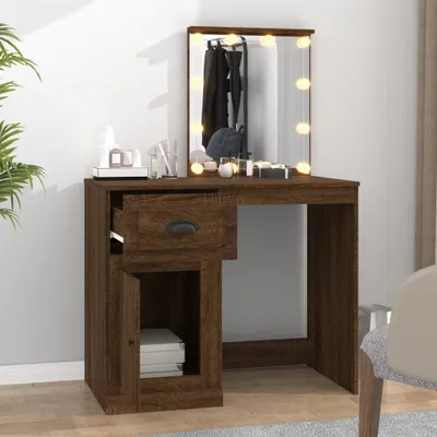 Produktbild von The Living Store Schminktisch mit LEDs Braun Eiche 90x50x132,5 cm Holzwerkstoff