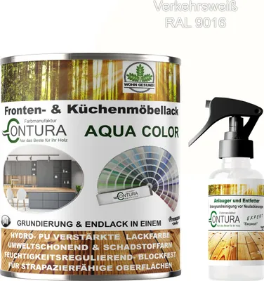Produktbild von 750ml. + Anlauger - Contura Küchenmöbellack RAL Möbellack SEIDENMATT SET Möbelfarbe Holzlack Buntlack Küchenlack - RAL 9016 Verkehrsweiß