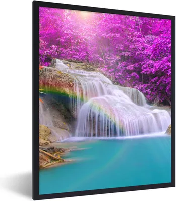 Produktbild von MuchoWow® Gerahmtes Poster Wasserfall - Bäume - Regenbogen - Lila 60x80 cm - Poster mit Schwarzem Bilderrahmen Wandposter Rahmen Foto Bilder - Premium - Wanddeko Wohnzimmer