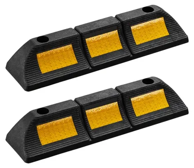 Produktbild von Wiltec Radstopper 47,5 x 12 x 8 cm, 2x Einparkhilfe aus Gummi, Parkplatzbegrenzung mit gelben Reflexionsstreifen & Schraubrillen, Parkplatzsperre für Garage