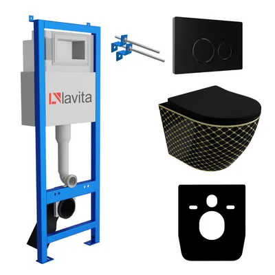 Produktbild von Lavita LAV 101 Vorwandelement für WC 40cm + Wand Hänge Tiefspül WC SOFI SLIM BLACK NIGHT Spülrandlos + Bedienplatte LAV 200.4.4 Schwarz | Komplettset | Unterputz Spülkasten | Toilette Komplett Sett