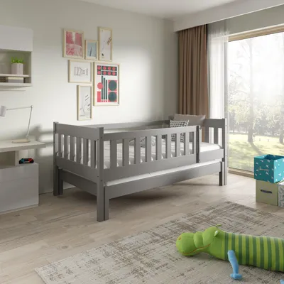 Produktbild von Masseno Kinderbett STELLA 80x160 cm mit Rausfallschutz, Einzelbett für Mädchen und Jungs, Holz, Hellgrau