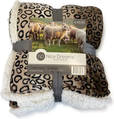 A folded leopard print blanket with a white sherpa lining, displayed on a white background with a product tag.