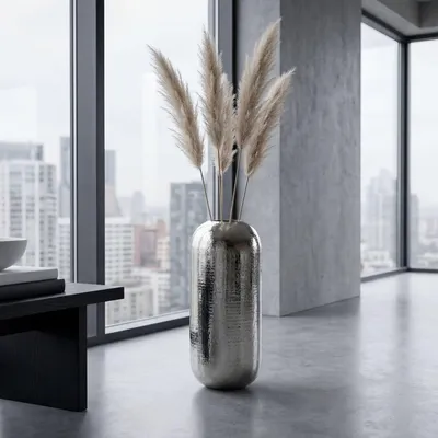 Produktbild von WOHNLING Bodenvase Aluminium 75cm Silber Dekovase groß Standvase rund modern Vase Metall für Blumen Design XXL Wohnzimmer Deko Wohndeko Handmade
