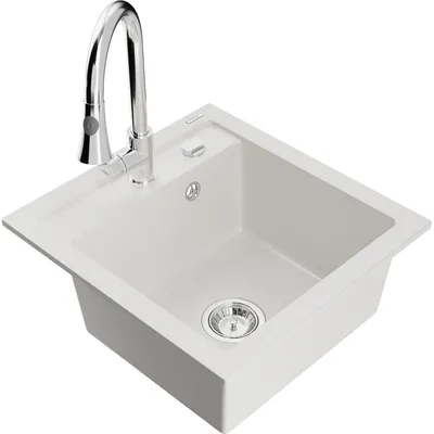 Obrázok produktu pre Mexen Vito granitový jednokomorový drez s kuchynskou batériou Elia, Biela - 6503-20-670101-00