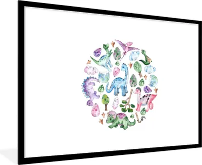 Produktbild von MuchoWow® Gerahmtes Poster Kinderzimmer - Kreis - Dinosaurier - Jungen - Mädchen - Kinder 90x60 cm - Poster mit Schwarzem Bilderrahmen Wandposter Rahmen Foto Bilder - Wanddekoration - Fotos