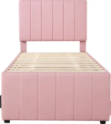 Produktbild von Flieks Polsterbett mit Unterbett, Einzelbett Jugendbett mit Lattenrost und Schubladen, Kinderbett Holzbett Gästebett Tagesbett 90x200/90x190cm, Leinen