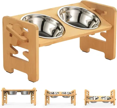 Immagine prodotto di Ciotola per cani - Ciotola doppia rialzata con supporto - 2 ciotole in acciaio inossidabile - Supporto in bambù - Per tutte le razze di cani