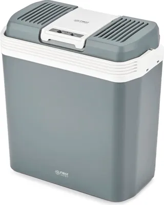 A gray and white portable electric cooler box with vents on the lid.