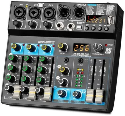Zdjęcie produktu dla Profesjonalny mikser audio z 6 kanałami, USB, Bluetooth, wejściem komputerowym MP3 i zasilaniem fantomowym 48 V