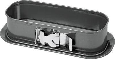 A dark gray rectangular baking pan with a silver clasp mechanism on the side.