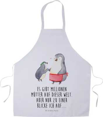 Produktbild von Mr. & Mrs. Panda Schürze Pinguin mit Kind - Weiß - Geschenk, Lieblingsmensch, Mama, Küchenzubehör, Gastro-Schürze, Vorbild, Muttertag, Mutter, Kochschürze, Barista