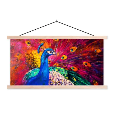 Produktbild von MuchoWow® Textilposter Gemälde - Vogel - Pfau - Ölgemälde 60x30 cm mit holzfarbenen Rahmen - Dekoration