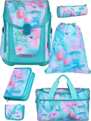 Produktbild von '- Premium Schulranzen Set - 6-teilig mit Sporttasche - Butterfly (Schmetterlinge) - Ergonomisch, stabil & mit gepolstertem Rücken - 1000g - 20L Volumen - Mit Reflektoren - ab 1. Klasse