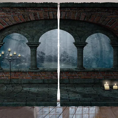 Produktbild von ARANDE gotisch Gardine, Mittelalterliches Schloss nachts mit altem Bogen und Kerzen-Mittelalter-nebelhaftem Bild, 280 x 225 cm, Blau grau Grau Rot