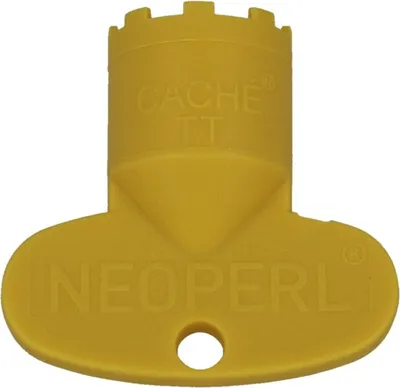 A yellow plastic tool with text on it.
