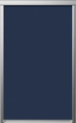 A dark blue roller blind with a silver frame.