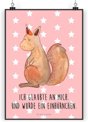 Produktbild von Mr. & Mrs. Panda Bild Einhorn Glauben DIN A5 - Rot Pastell - Geschenk, Eichhorn, drucke, Deko, Einhörnchen, Einhörner, Unicorn, Wandbild, Plakat, wanddeko, Eichhörnchen