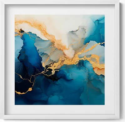 Produktbild von Flüssige Abstraktion mit Gold– Wandbild mit Rahmen – Gerahmtes Bild  – Wanddekoration – 50x50 cm –  Weiß Rahmen