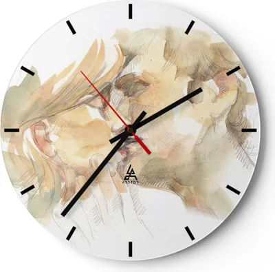 Produktbild von Wanduhr - Rund - Glasuhr - Kuss Paar Liebe - 30x30cm - Schleichendes Uhrwerk - Lautlos - zum Aufhängen bereit - Dekoration Modern - Wanddekoration aus Glas - C3AR30x30-5005
