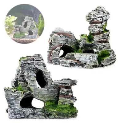 Immagine prodotto di Decorazione per acquario: paesaggio roccioso con grotta e piante, ideale per pesci e gamberetti - set da 2