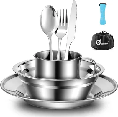 Produktbild von Odoland Campingbesteck Set - 8-teiliges Outdoor Reisebesteck aus Edelstahl