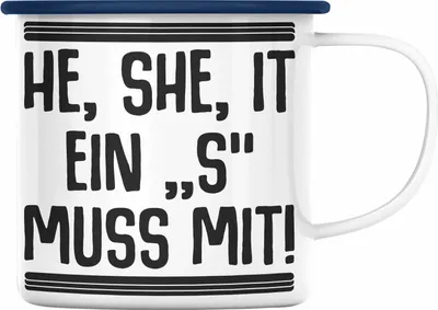 Produktbild von Trendation - Englischlehrer Emaille Tasse Geschenk He She It Englischlehrerin Geschenkidee Spruch Grundschule (Blau)