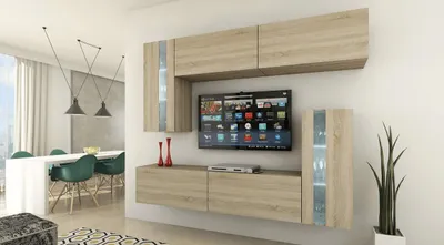Produktbild von FURNITECH Wohnwand Wohnzimmer - Wohnzimmer Möbel mit LED RGB - 16 Farben - Hängend Wohnwand Modern - Wohnzimmer Schrankwand mit Regale und TV Schrank (Future 30/M/S/4 1A - 203cm)