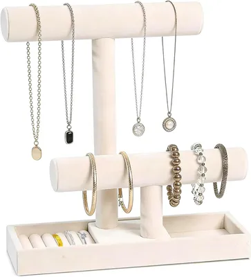 Obrázek produktu pro Stojan na šperky - Organizér na šperky - Úložný prostor pro šperky - Dvouvrstvý design - 27x10x23 cm - Béžová barva