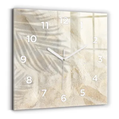 Produktbild von Wallfluent Wanduhr – Stilles Quarzuhrwerk - Uhr Dekoration Wohnzimmer Schlafzimmer Küche - Zifferblatt - weiße Zeiger - 30x30 cm - Schatten einer Palme im Sand