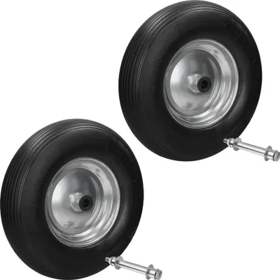 Produktbild von ECD Germany 2er Set Schubkarrenrad aus pannensicherem PolyurethanVollgummi, Ersatzrad Gummirad mit Achse, 4.80/4.00-8, Durchmesser 390 mm, Schwarz, 200kg, Reifen mit Stahlfelge
