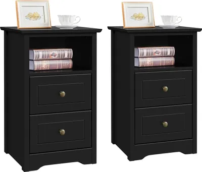 Produktbild von Yaheetech 2er Set Nachtschrank Nachttisch Kommode Schrank Beistelltisch Sofatische für Schlafzimmer Wohnzimmer Flur 40 x 35 x 60 cm Holz Schwarz