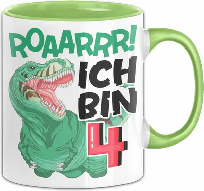 Produktbild von 4. Geburtstag Geschenk Tasse Becher Jungs Dino T-Rex Roaarrr Ich Bin 4 (Grün)